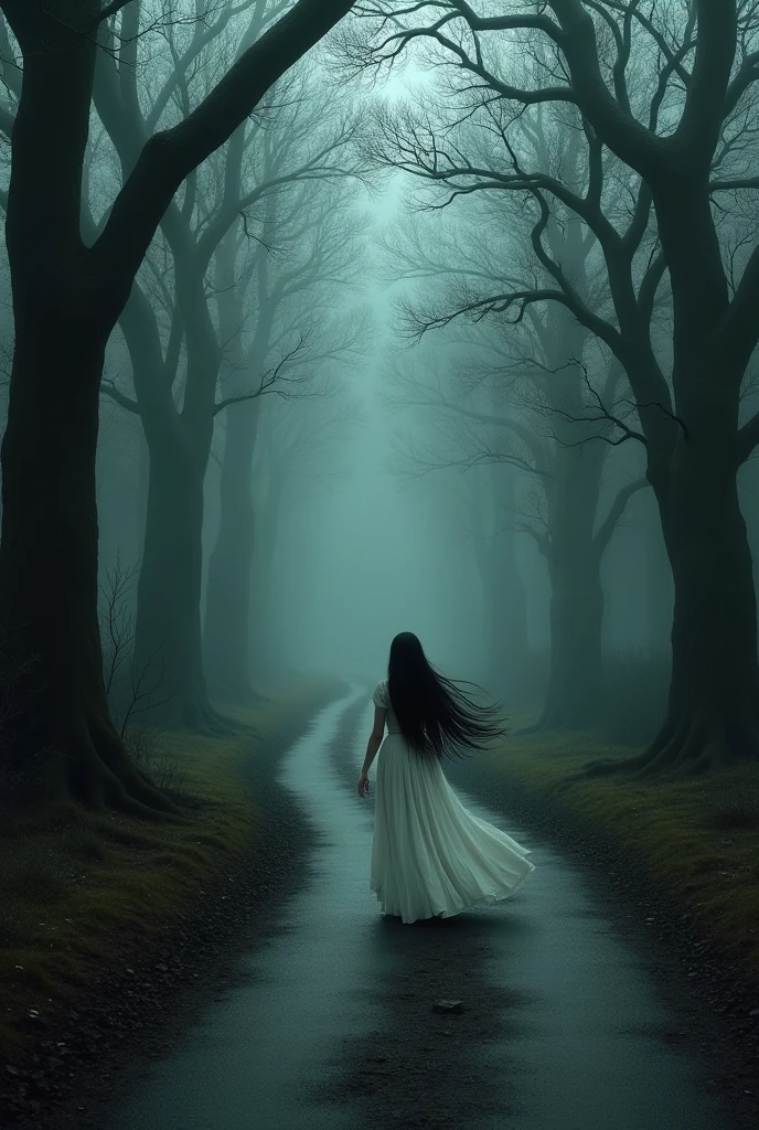 Take a deserted, winding road with a gloomy air, and a dark forest around it, with a woman in a white dress and black hair wandering through it.