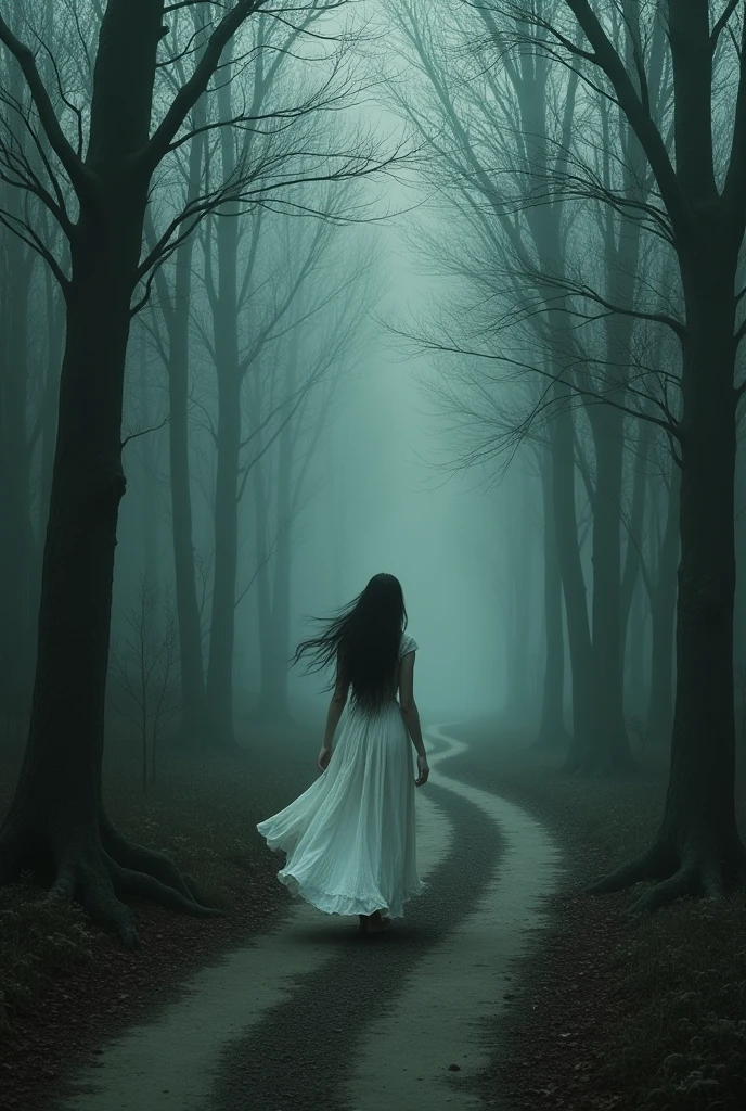 Take a deserted, winding road with a gloomy air, and a dark forest around it, with a woman in a white dress and black hair wandering through it.