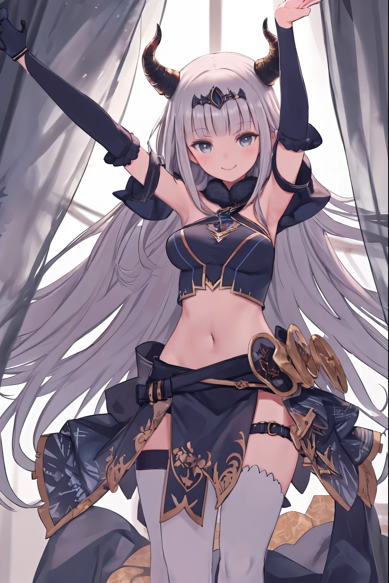 fantasy, 1devil_girl, low_teen, platina_blond_curly_hair,long_bangs,bare_shoulder, navel out, thighhighs,silver_armor, white_wears,waist_armor, long_Glebe, hold_swords, medium_breasts, dynamic_flying_pose, magical_effects,,(pelvic_curtain:1.3), silver_Headgear ,looking_down_at_sunrise_city_sky_background,,slightly_spread_legs, ,solo,horn ,smile,,open_legs,open_arms,rise_knee,rise_leg,rise_thigh,rise_leg,forward_leaning_posture,apart_legs,