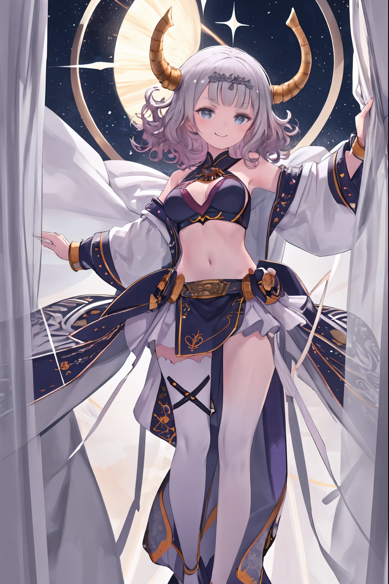 fantasy, 1devil_girl, low_, platina_blond_curly_hair,long_bangs,bare_shoulder, navel out, thighhighs,silver_armor, white_wears,waist_armor, long_Glebe, hold_swords, medium_breasts, dynamic_flying_pose, magical_effects,,(pelvic_curtain:1.3), silver_Headgear ,looking_down_at_sunrise_city_sky_background,,slightly_spread_legs, ,solo,horn ,smile,,open_legs,open_arms,rise_knee,rise_leg,rise_thigh,rise_leg,forward_leaning_posture,apart_legs,