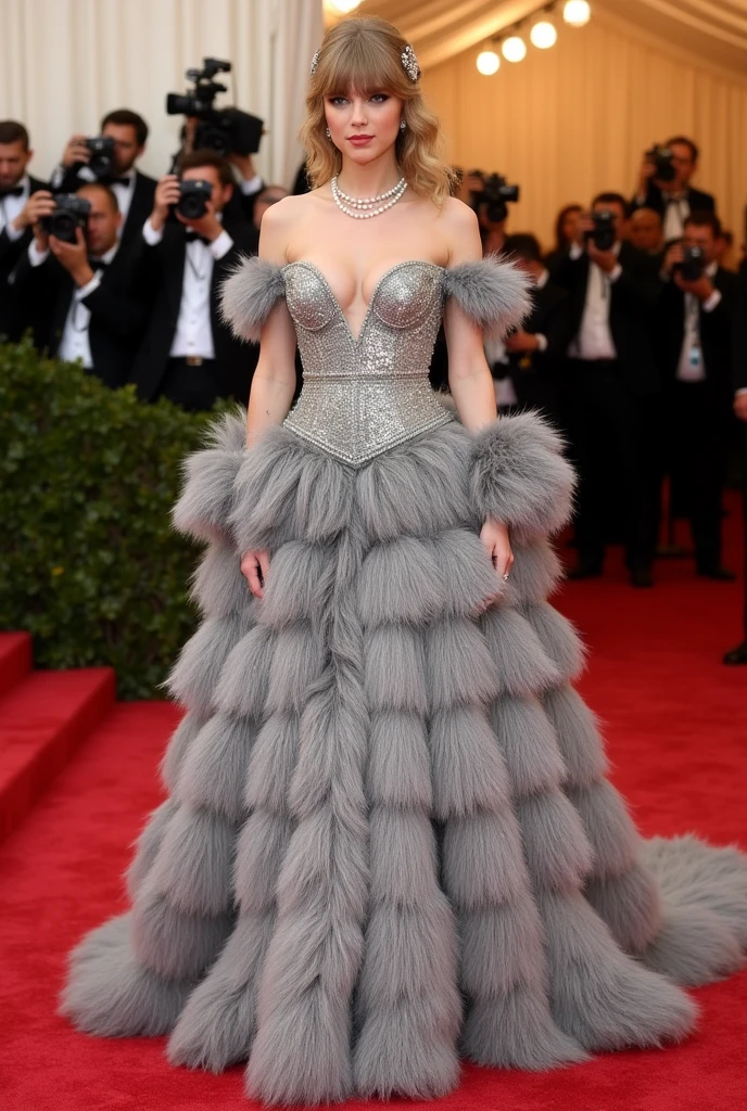 New York MET GALA event, dress core XIX century ancient,Taylor swift, paparazzi behind, complete dress, silver fur dress, extravagant dress, pearls, many accessories. same dress for all photos, same dress three photos, same dress