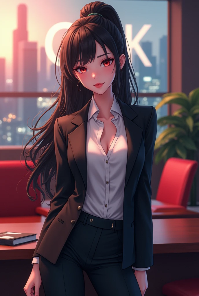 Create anime character;
{background: capital HD text: “GLBK” in center-top, sea}, white skin,
realistic, HDR, beautiful, donghua style, full body, age 20, office clothes, name card: “Cici”, female, black hair, long hair, pony hair, like mafia