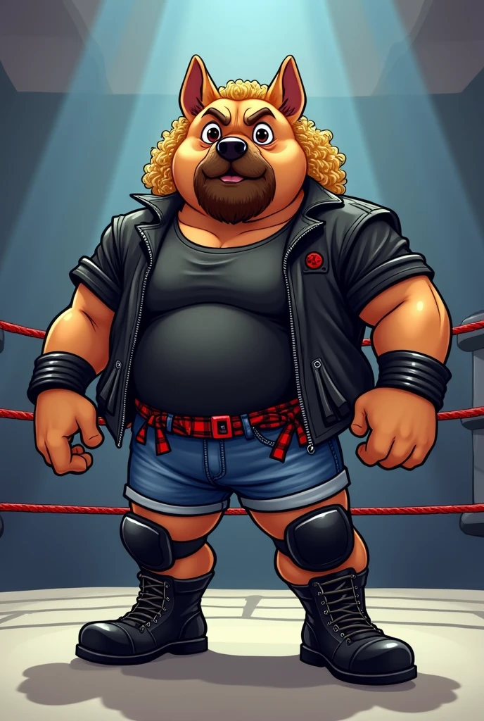 Cartoon dog dressed like ECW wrestler Raven 

Cartoon dog body. Cartoon dog head. Cartoon dog face. Cartoon dog arms. Cartoon dog hands.

Pudgy. Muscular.

Black T-shirt. Curly blonde hair. Short Brown beard.

Black knee pads. Black wrestling boots. Black jean jacket. Blue jean shorts. Flannel ties around waist

Standing in a wrestling ring