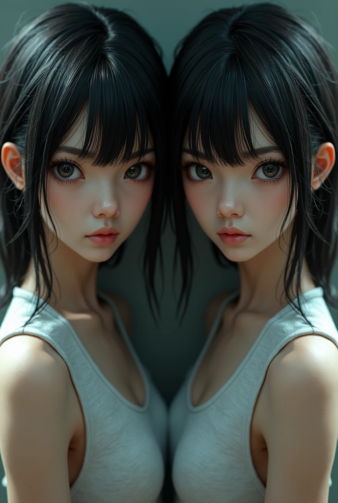 (masterpiece:1.3), (8k, Photoreal, Raw photo, best image quality: 1.4), Japanese high school girl、(random hairstyle:1.2)、super detail face、eye for details、double eyelid、sharp focus:1.2、Beautiful woman:1.4、超A high resolution、(Photoreal:1.4)、Highly detailed and professionally lit smiles、shoulder out、thin、serious expression、short haired、deadly position (((cloned face)))
(((similar identical twins)))
All the girls have the exact same face, The two have the same face and figure, as if they were mirror images.