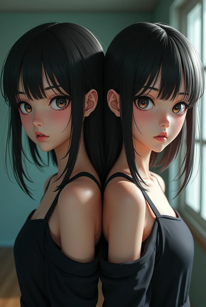 (masterpiece:1.3), (8k, Photoreal, Raw photo, best image quality: 1.4), Japanese high school girl、(random hairstyle:1.2)、super detail face、eye for details、double eyelid、sharp focus:1.2、Beautiful woman:1.4、超A high resolution、(Photoreal:1.4)、Highly detailed and professionally lit smiles、shoulder out、thin、serious expression、short haired、deadly position (((cloned face)))
(((similar identical twins)))
All the girls have the exact same face, The two have the same face and figure, as if they were mirror images.