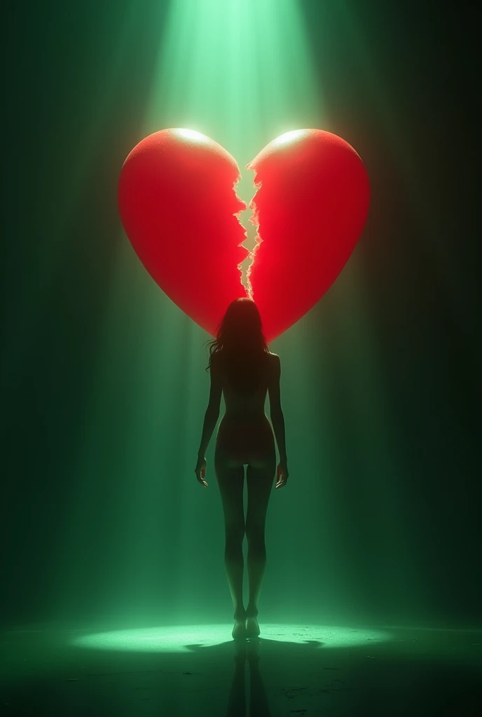 broken heart red in colour, back light , dramatic ((masterpiece, Highest quality, Best image quality, High resolution, Realistic, RAW Photos, 8k)), ((Highly detailed CG synthesis 8k wallpaper)), (Huge and stunning goddess shot, Very hot and sexy, Incredible beauty, Perfect Proportions, Beautiful body, Slim body beauty:1.4), The body of a college student lying in bed floats up, floating in green light, seen from below,