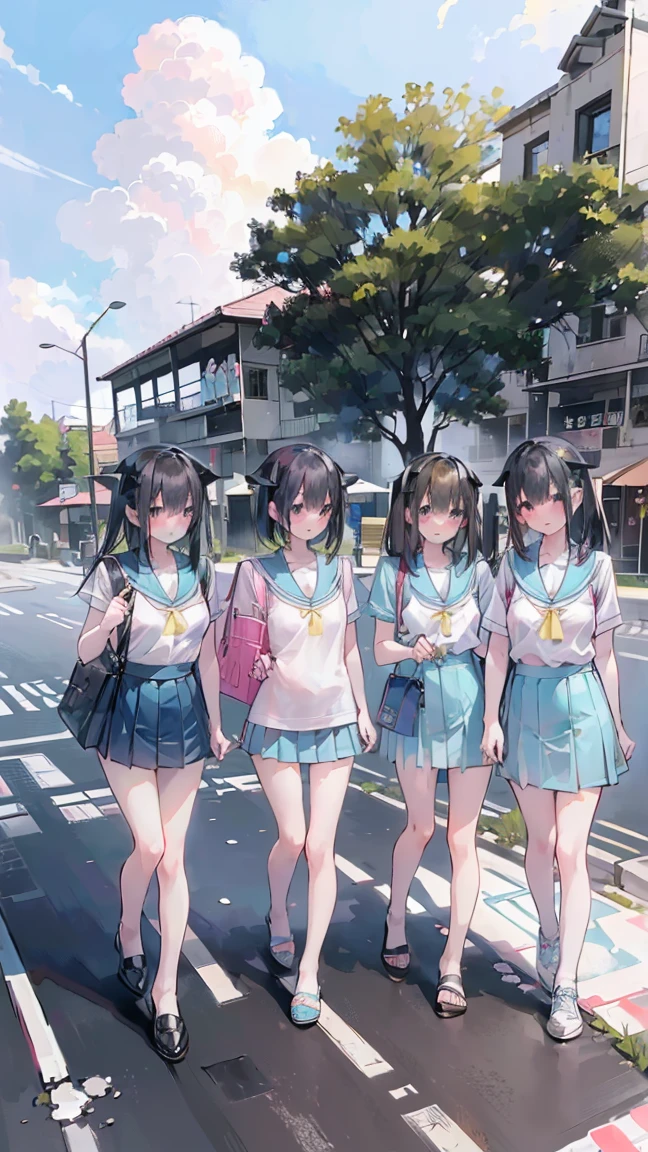 masterpiece, Highest quality, High resolution, Very detailed,(((Four Girls))), (((Multiple Girls))), (((smile)))、(((Standing in the distance))), (((Carry a school bag。))), (((Private Server))), (((blue sky))), (((pedestrian crossing)))