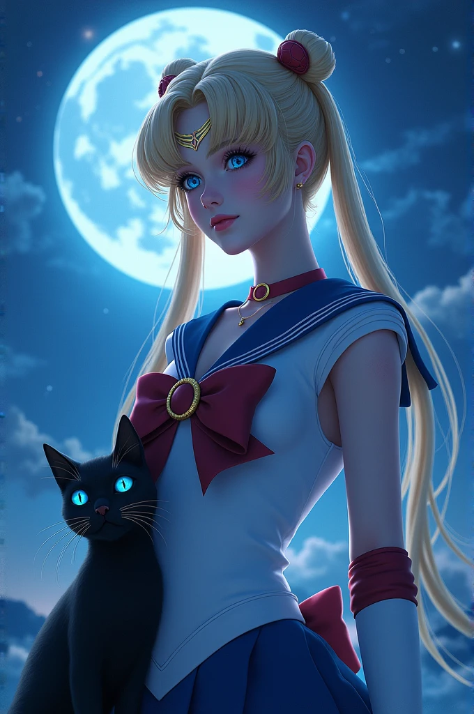 (haute résolution, chef-d'œuvre : 1,2), (réaliste : 1,37), (meilleure qualité, haute résolution, ultra-détaillée, réaliste), fantaisie sailor Moon humaine, sous la lune bleue , avec son chat noir Luna et son croissant de lune sur le front . (Ses yeux radieux : 1,6) bleus. Les détails de son visage, méticuleusement travaillés, L'atmosphère qui l'entoure est remplie d'une aura d'un autre monde, baignée de lumière. Le décor ressemble à une scène de film, avec des allusions à un monde divin. Cette création se présente en portrait corps entier avec le chat, se concentrant sur sailor Moon et son chat noir aux yeux bleus captivant de la déesse, la représentant comme une présence captivante et redoutable dans les royaumes de la lumière, le plus beau visage de l'univers, visage érotique, visage sensuel, (NSFW : 1,3)