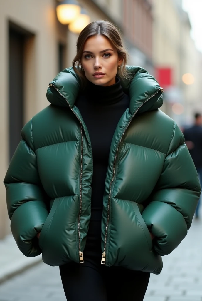 woman ,2 jackets,1 jacket black thin jacket zipper closed,2 jacket green down puffer jacket zipper open
