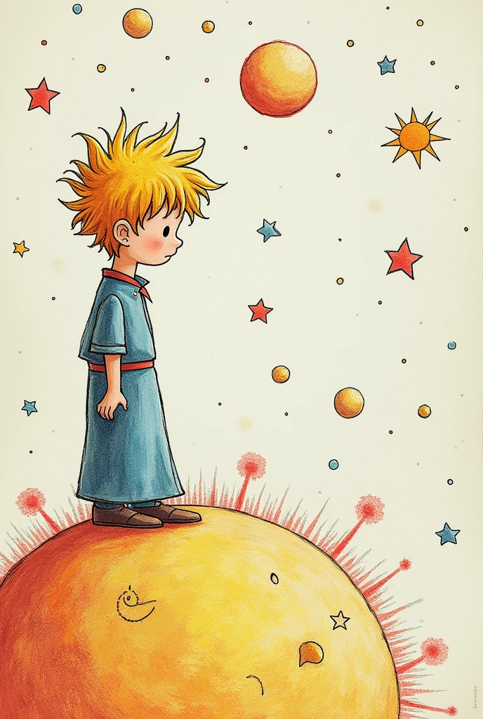 Create an image of the cover of the little prince that has the moon and the sun, and that the character is the same and does not change and that it is not smaller That it is above the moon, that it is more scribble like the book, that is not real, I take it as if it were pencil and colors, that it is very similar to the original cover and that it does not have very difficult things, that it is all drawing and not realistic