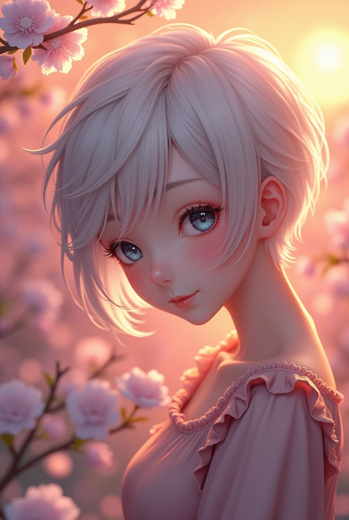 Tabletop:1.2, high quality, 最high quality, High resolution, become close, Surreal, With a girl, very short white hair, Pixie Cut Hair, blue eyes, Tilt your head, sunset, Cherry Blossom, Portraiture, close your eyes, 笑face, (become close face), ((Sharp focus)), ((face)), Upper body_body