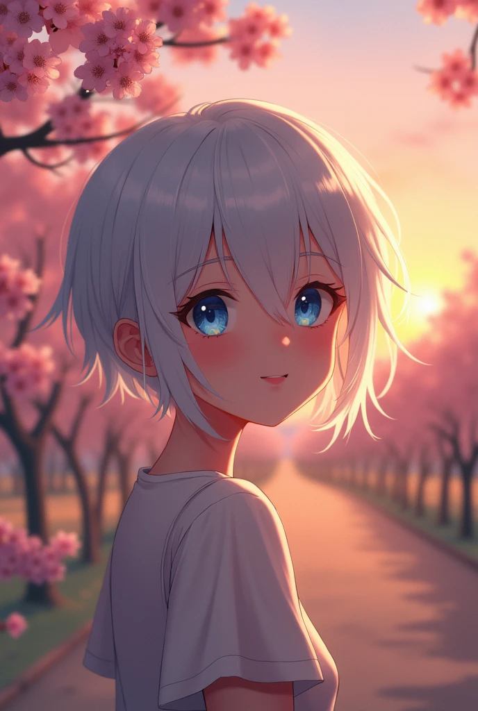 Tabletop:1.2, high quality, 最high quality, High resolution, become close, Surreal, With a girl, very short white hair, Pixie Cut Hair, blue eyes, Tilt your head, sunset, Cherry Blossom, Portraiture, close your eyes, 笑face, (become close face), ((Sharp focus)), ((face)), Upper body_body