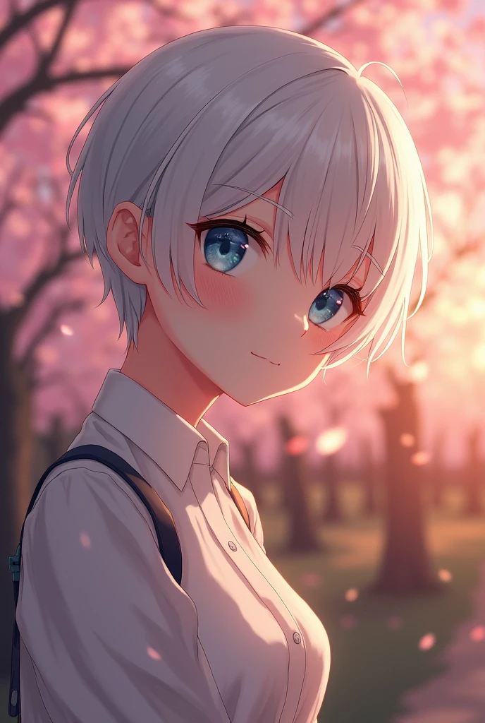 Tabletop:1.2, high quality, 最high quality, High resolution, become close, Surreal, With a girl, very short white hair, Pixie Cut Hair, blue eyes, Tilt your head, sunset, Cherry Blossom, Portraiture, close your eyes, 笑face, (become close face), ((Sharp focus)), ((face)), Upper body_body