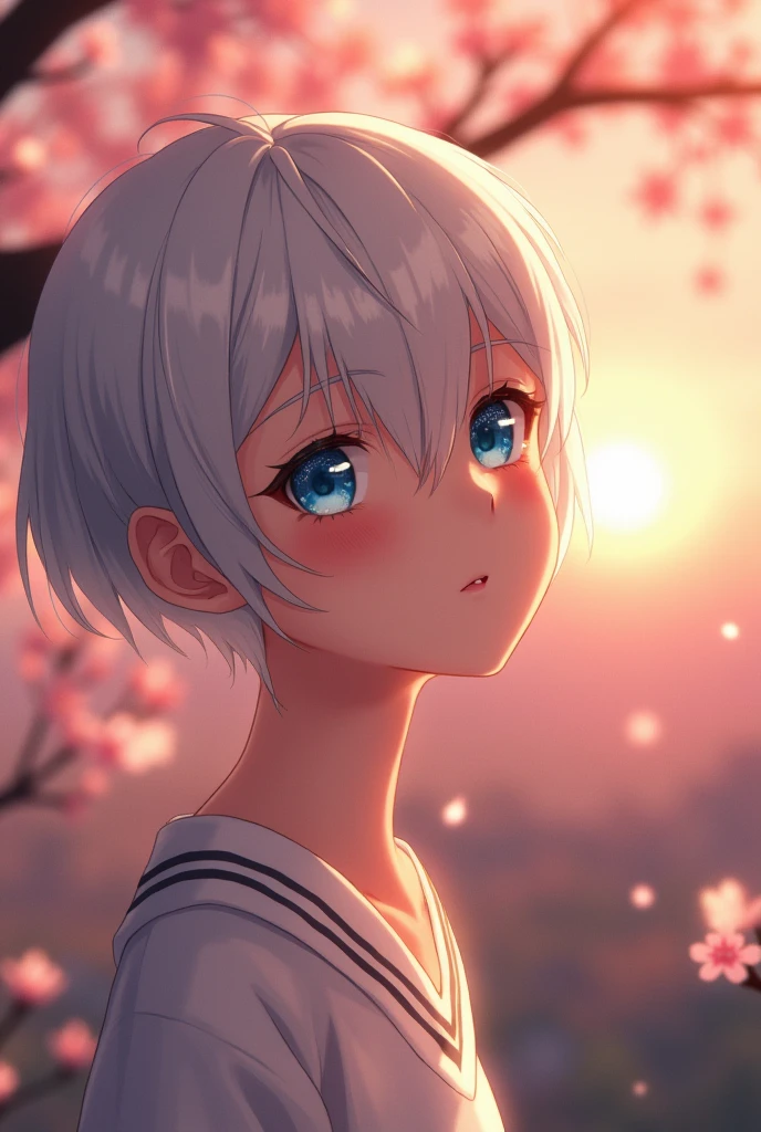 Tabletop:1.2, high quality, 最high quality, High resolution, become close, Surreal, With a girl, very short white hair, Pixie Cut Hair, blue eyes, Tilt your head, sunset, Cherry Blossom, Portraiture, close your eyes, 笑face, (become close face), ((Sharp focus)), ((face)), Upper body_body