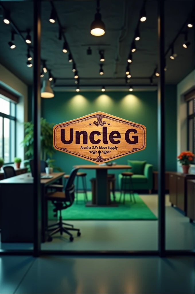 Logo ya brown ya kampuni inayoitwa *UNCLE G* iprintiwe kwenye wood logo kama *UNCLE G* na tagline kama *Arusha dj's move supply* iprintiwe kwenye chumba cha ofisi nzuri ya kisasa itumike them ya green na purple 