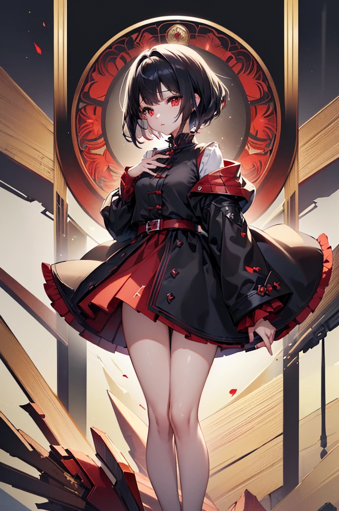 (masterpiece, highest quality, highest quality, (No text), Beautiful and aesthetic:1.2),No text,アニメ、BREAK,One Girl，Black Hair Girl　 adult　short hair　older sister　Beautiful eyes　Red eyes　cool　tears　Black and Red　skirt　Black jacket　White clothing　Full Body Outdoors