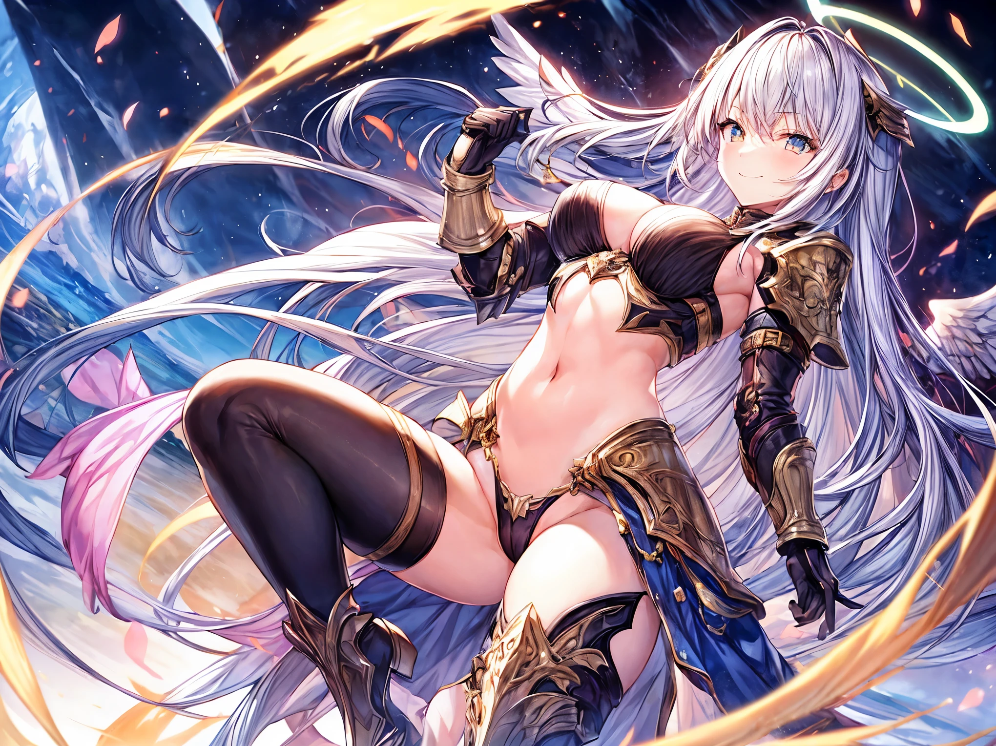 fantasy, 1angel_girl,(young_teen:1.5), ,brown_hair, medium_bob_hair, long_bangs, halo,bare_shoulder,thighhighs,silver_armor, waist_armor, large_breasts,1pair_wings, dynamic_pose_fighting,floating, bare_crotch, headgear,gauntlet, greaves,city_landscape_background,slightly_spread_legs, solo, groin_naked,smile,(covered_nipples:0.8)