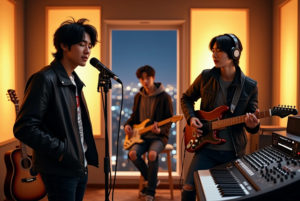 In a sleek, modern recording studio with high-end equipment, three handsome Korean male band members are collaborating on a new song. The first member, with tousled dark hair and wearing a trendy jacket over a graphic tee, stands confidently in front of a high-quality microphone, passionately singing with closed eyes, completely immersed in the lyrics. He wears large, over-ear headphones, and his posture reflects his deep connection to the music. The second member, seated at a state-of-the-art mixing console, has a focused expression as he carefully adjusts sound levels. He has a slightly wavy hairstyle, and his outfit is a mix of casual and stylish, with a hoodie and ripped jeans. The third member, sitting on a comfortable stool, is playing a sleek electric guitar. His short, sleek hair contrasts with his slightly edgy style, consisting of a leather jacket and dark jeans. His fingers move skillfully over the strings, adding depth to the track. The studio is bathed in warm, ambient lighting, with soft yellow and orange hues reflecting off the acoustic panels and creating a cozy yet professional atmosphere. Various instruments are scattered around the room, and a large window in the background reveals a view of the city skyline at night, adding to the creative and dynamic energy of the scene as the band works in harmony to perfect their sound.