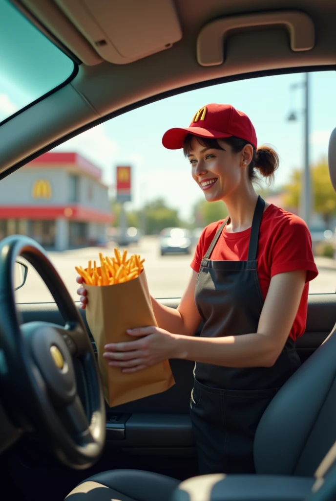 Viewpoint: From inside the car waiting at the drive-thru.
Context: A sunny day at the McDonald's drive-thru.
Character: A 50-year-old woman with short-cropped brown hair. She is generously bosomed and wears the iconic McDonald's uniform, a red t-shirt and black apron. Her hair is tied back under a McDonald's cap.
Action: As your car pulls up to the drive-thru, she approaches the window with a big smile. She holds out a bag full of orders, her gestures full of enthusiasm. The enticing smell of fries and burgers wafts through the air.
Style: Realistic, realistic photo.