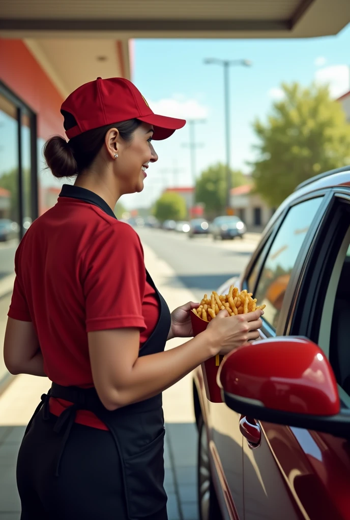Viewpoint: From inside the car waiting at the drive-thru.
Context: A sunny day at the McDonald's drive-thru.
Character: A 50-year-old woman with short-cropped brown hair. She is generously bosomed and wears the iconic McDonald's uniform, a red t-shirt and black apron. Her hair is tied back under a McDonald's cap.
Action: As your car pulls up to the drive-thru, she approaches the window with a big smile. She holds out a bag full of orders, her gestures full of enthusiasm. The enticing smell of fries and burgers wafts through the air.
Style: Realistic, realistic photo.