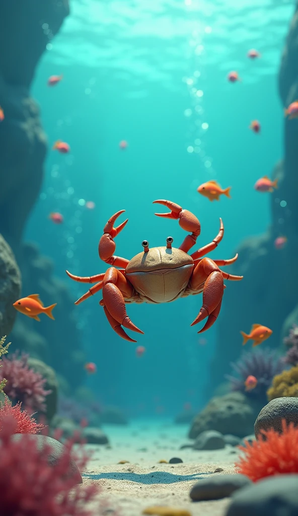 normal crab jo समुंदर के अंदर है.समुंदर में मछलियां भी तेर रही है.और समुंदर मैं पत्थर और sea plants bhi hai.image in 3d animation