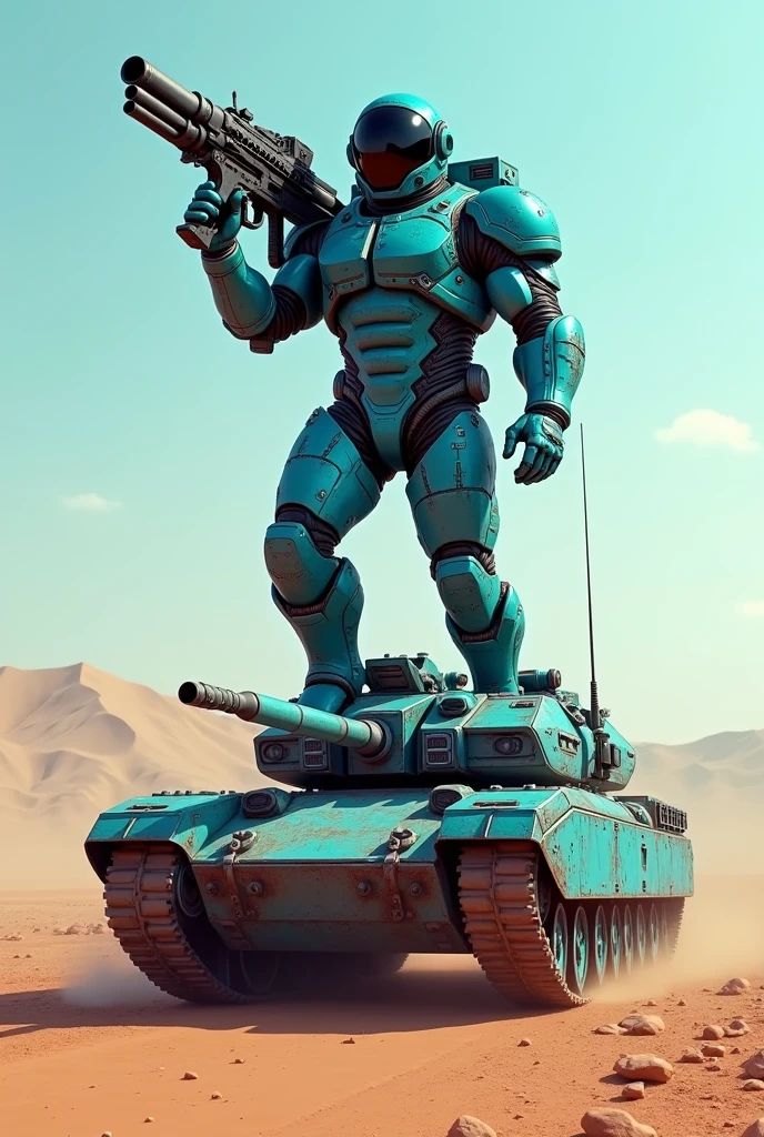 cyan colored male astronaut in a black helmet with a Minigun raised up on a tank with desert background