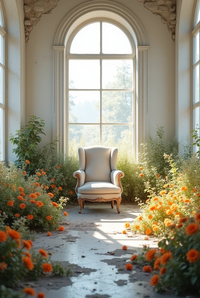 Inside the abandoned room、Spotlight on an unbroken plush chair in the middle of the room、windowが多い、wallが壊れている、（window、wall、door、The floor is collapsing:2.0）、White Room、peace、The morning sun is shining and it&#39;s bright、（床やwallに満開の色とりどりで鮮やかな美しい花々is blooming:1.8）、There is no one、front、Highest quality、8k、high resolution、9:16