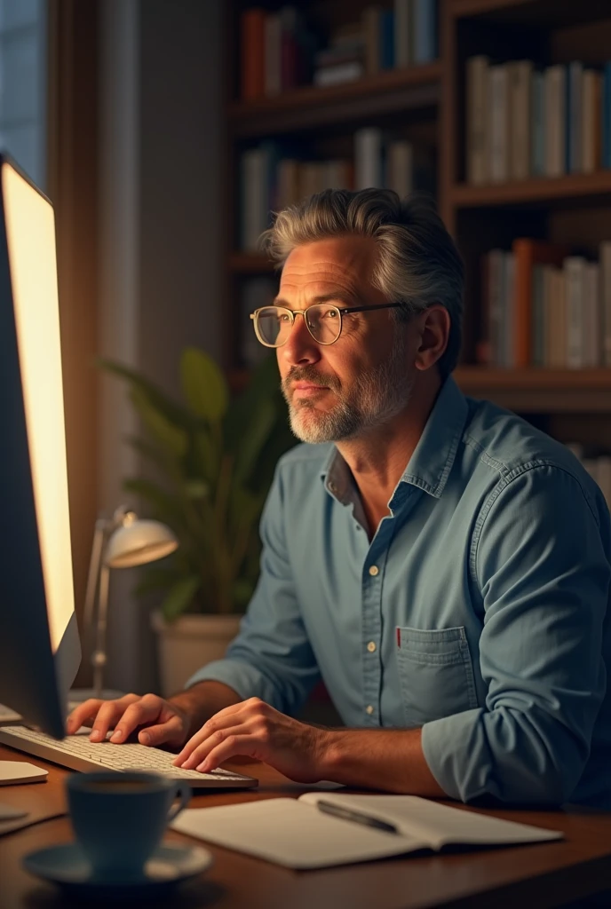 Happy concentrated man sitting in front of computer