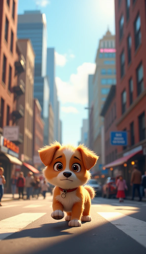 A small, fluffy puppy named Max, lost in a bustling city street, looking around with a worried expression. The city is filled with tall buildings and busy people.