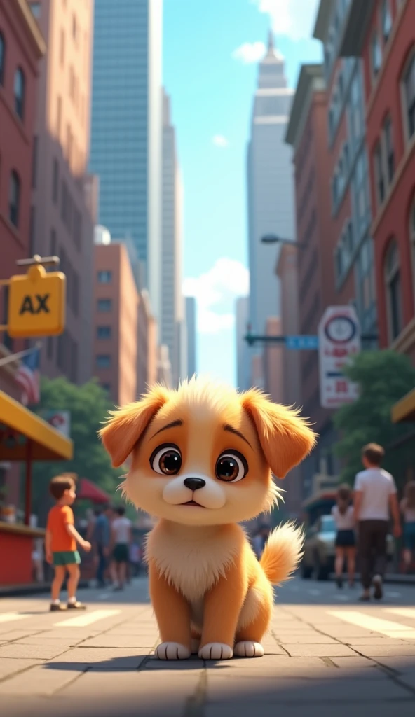 A small, fluffy puppy named Max, lost in a bustling city street, looking around with a worried expression. The city is filled with tall buildings and busy people.