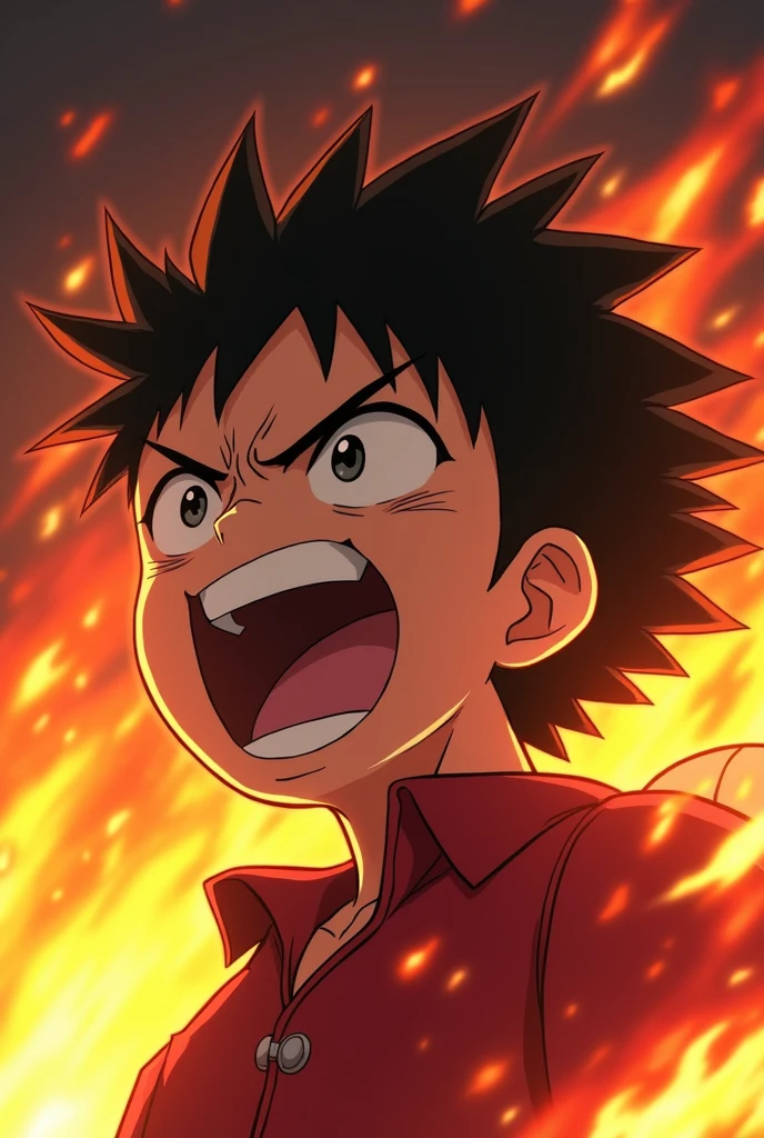 A anime boy with comeback attitude
With fire everything very very very angered shouting
