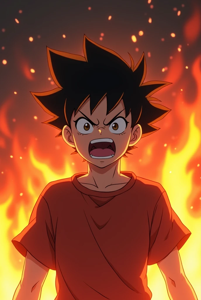 A anime boy with comeback attitude
With fire everything very very very angered shouting