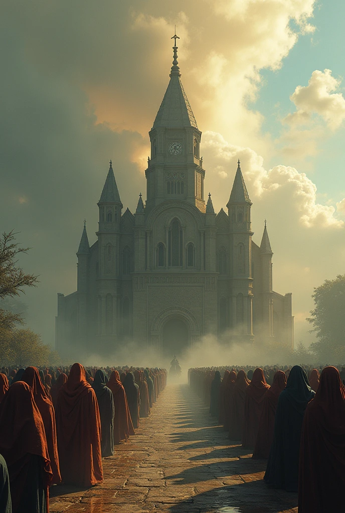 an Ethiopian church, surrounding water, a large number prayers surrounding the church, smoke come from the church towards the people