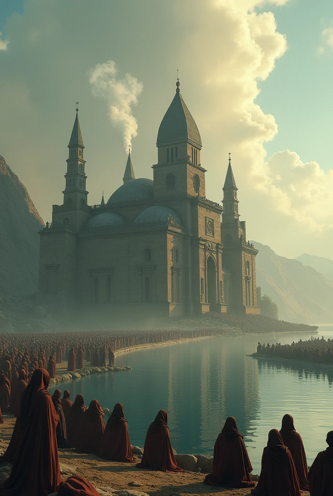 an Ethiopian church, surrounding water, a large number prayers surrounding the church, smoke come from the church towards the people
