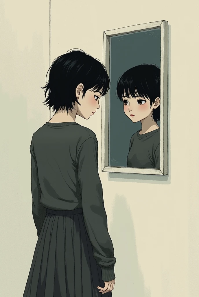 someone looking a mirror hiding their real emotions in a simple art form