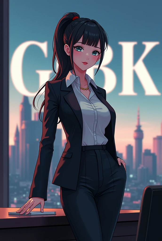 Create anime character;
{background: capital HD text: “GLBK” in center-top, sea}, white skin,
realistic, HDR, beautiful, donghua style, full body, age 20, office clothes, name card: “Cici”, female, black hair, long hair, pony hair, like mafia