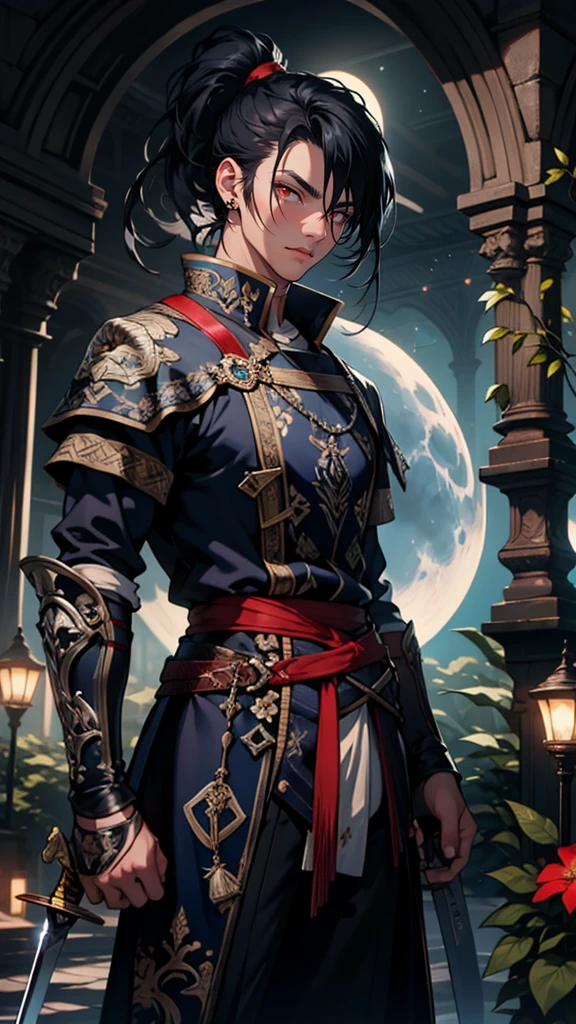 a young man holding sword, in the style of dark blue and light azure, 8k uhd, weapon, red eyes, flower, sword, holding sword, ponytail, moon, holding, black hair, piercing, sky, cloud, macro shot, warm navy color grading, bokeh, horror(Hair style:1.5)(detailed landscape:0.6)(feminim:1.2)(hand detailed:0.2)(background masterpiece:0.1)pt8011