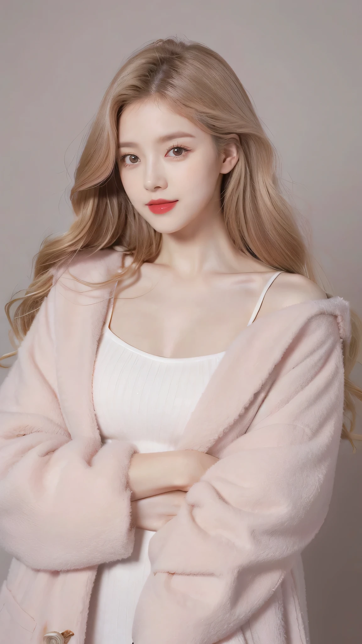Girl wearing, luxury pink coat, shoulder length hair, wavy hair, glowing skin, star in eye, red lips, grey background, cute poses , upper body, light blonde hair .