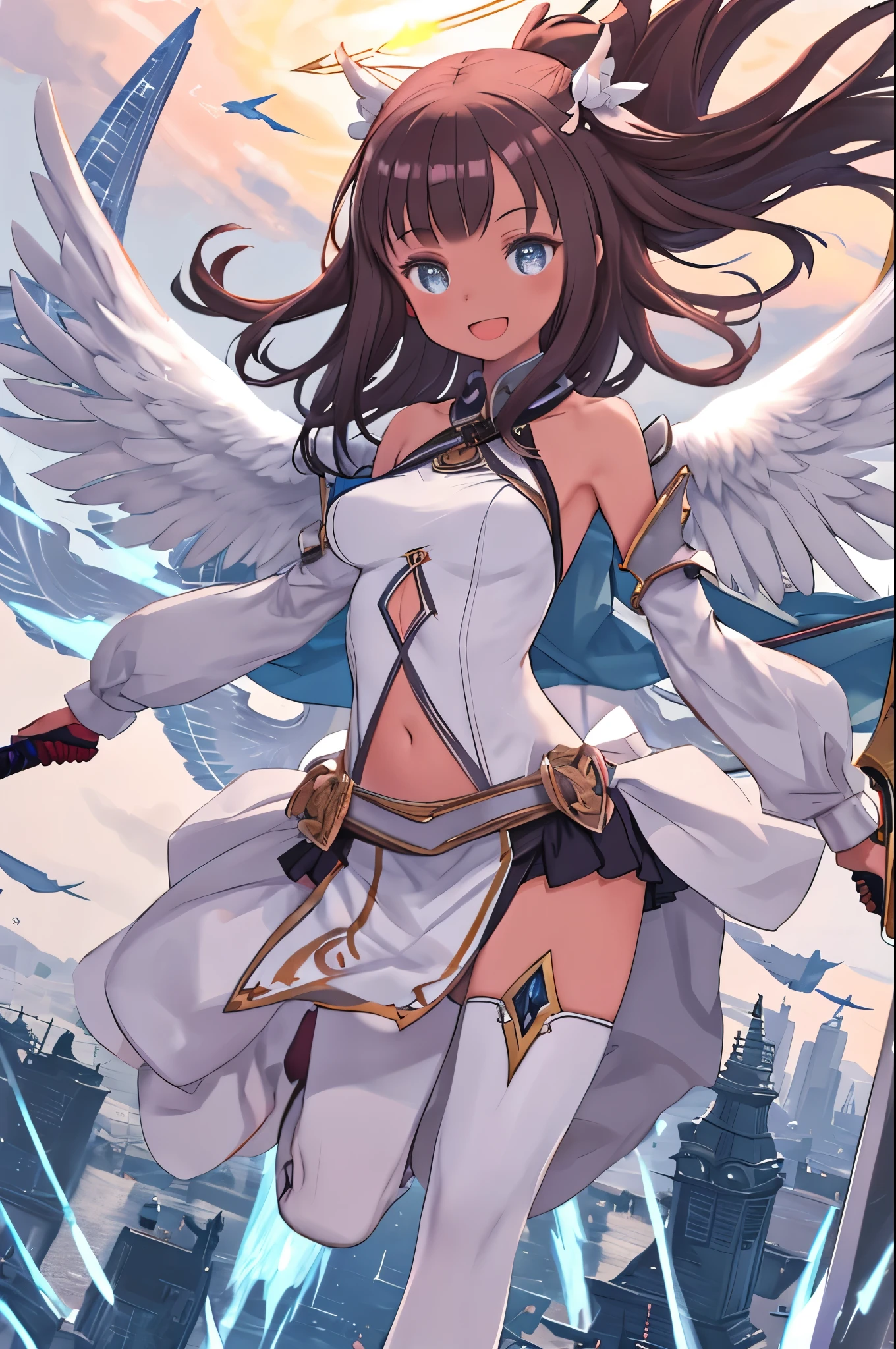 fantasy, 1angel_girl, low_, dark_brown_hair,long_bangs, (dark_skin)+, bare_shoulder, navel out, thighhighs,silver_shiny_armor, white_clothes,waist_armor, Glebe, hold_swords_emits_light, medium_breasts, dynamic_flying_pose,Floating, (1pair_white_wings:1.2),(pelvic_curtain:1.3), silver_Headgear ,looking_down_at_sunset_city_sky_background,,slightly_spread_legs, some_swords_emits_light,some_swords_emits_light_floating_around_the_girl,solo,glare_halo,laugh ,smile,open_mouth,open_legs,open_arms,rise_knee,rise_leg,rise_thigh,rise_leg,forward_leaning_posture,apart_legs,