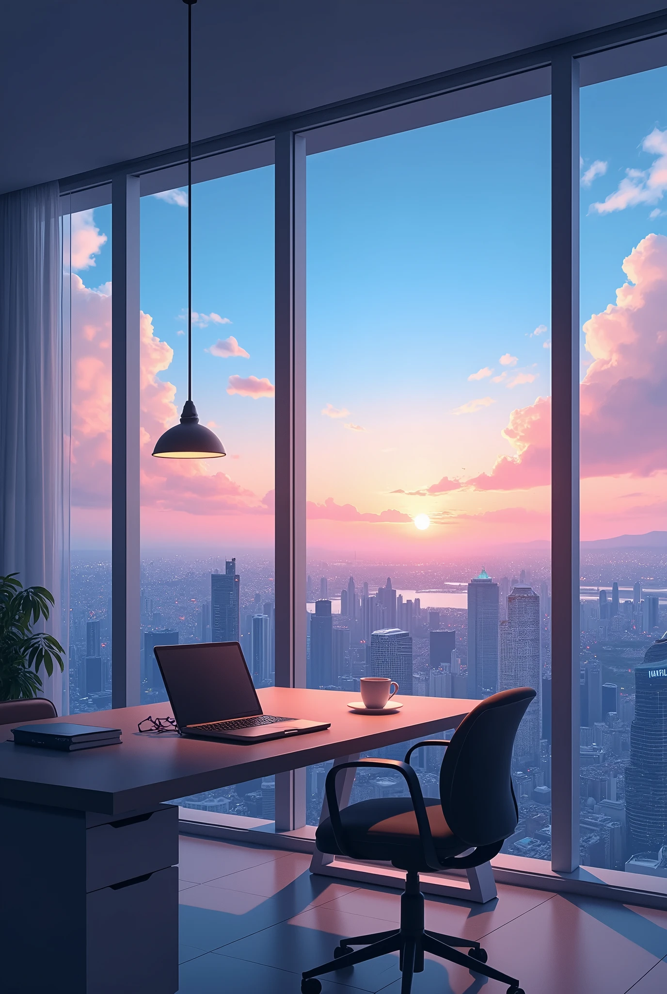 an anime-style working room with floor-to-ceiling glass windows revealing a sprawling cityscape at dusk. The desk is sleek and modern, with a laptop and a single coffee cup. The scene outside is a blend of soft oranges and blues from the sunset, with city lights beginning to flicker on. The room is lightly colored to contrast the vibrant city view.