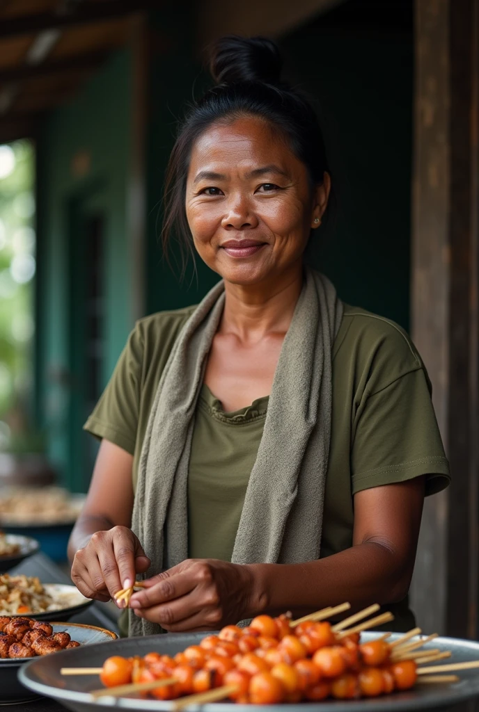 photo of an Indonesian widow woman 2, her hair is straight and tied at the top, her skin is brown, her breasts are large and her body is muscular, wearing an army colored collared t-shirt, a small, worn towel wrapped around her neck, serving grilled satay foodsatay