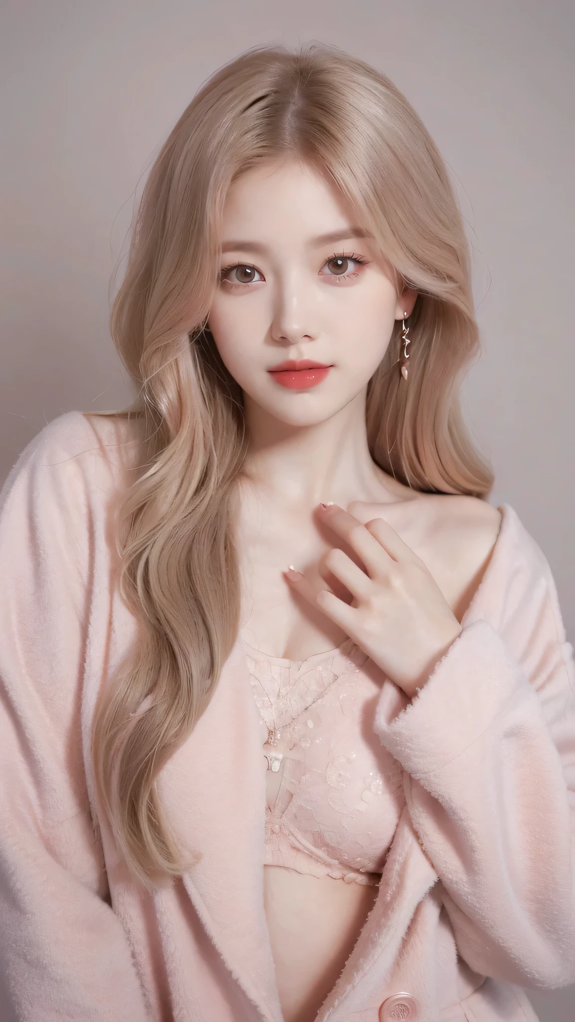 Girl wearing, luxury pink  coat, shoulder length hair, wavy hair, glowing skin, star in eye, red lips, grey  background, cute poses , upper body, light blonde hair .