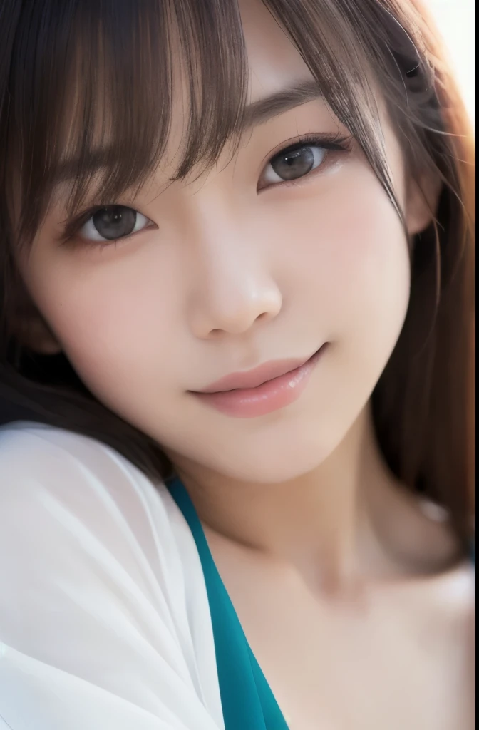 masterpiece、top-quality、超A high resolution、(photographrealistic:1.4)、((1girl in、White fair skin:1.4、kneeling to、From above、close up of face、age19、spotless、cute little、A dark-haired、bobhair_cut、shorth hair、small tits:1.6))(Casual wear)(portrait of japanese famous actress)、(A smile、Happiness、Joy、jolly、closes mouth)、、High detailed eyes、Really snow-white background、long neck、bangss、Lashes、Big eyes、In the street