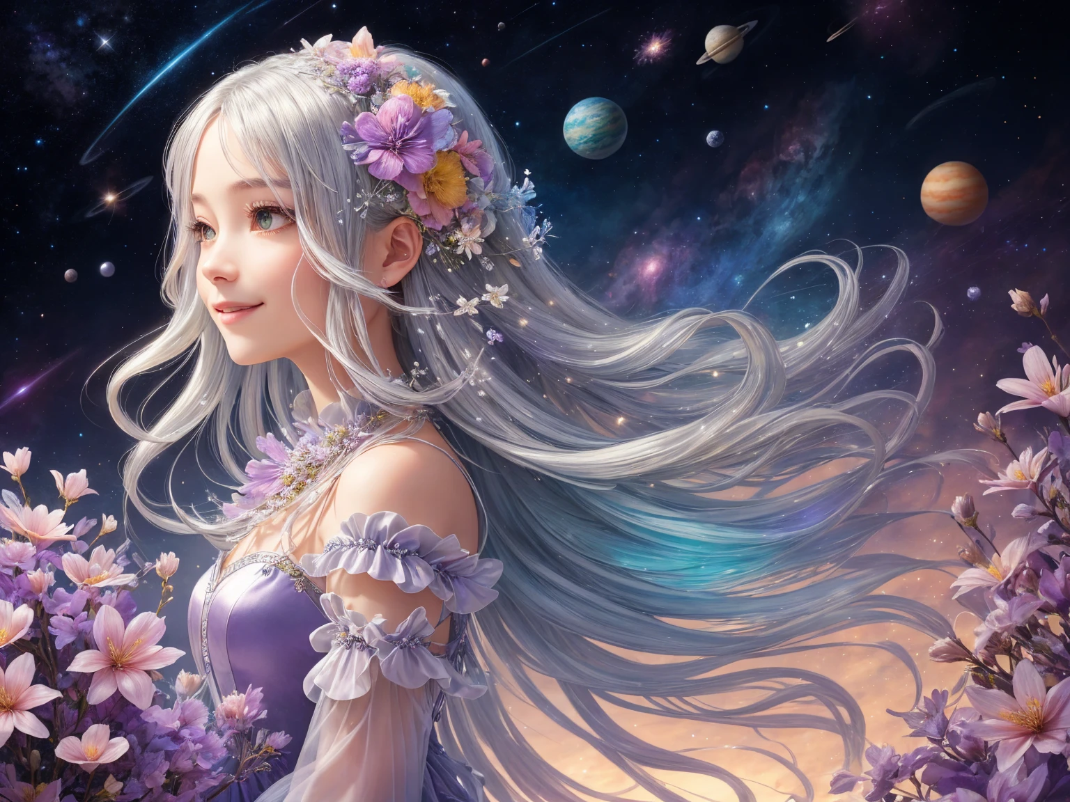 ((Silver colored hair、long hair)) ,((Wear a colorful floral satin dress)),Branch of delicate lilac flowers, Ultra-transparent, holy Light, beautiful spectral Light, Petals Shine, Blink,drops of transparent Light, reflective Light, bright, Light streaming in, Optics, Portrait Profile, Sharp focus, magic,Surreal, Fantasy, composition, Light, Art Station Trends, Pearl, Silvery steam guardian cloud, Corrosive Envelope Play Family, 8k, ((Cute smiling girl))、((background Shooting stars, planets and colorful flowers))、