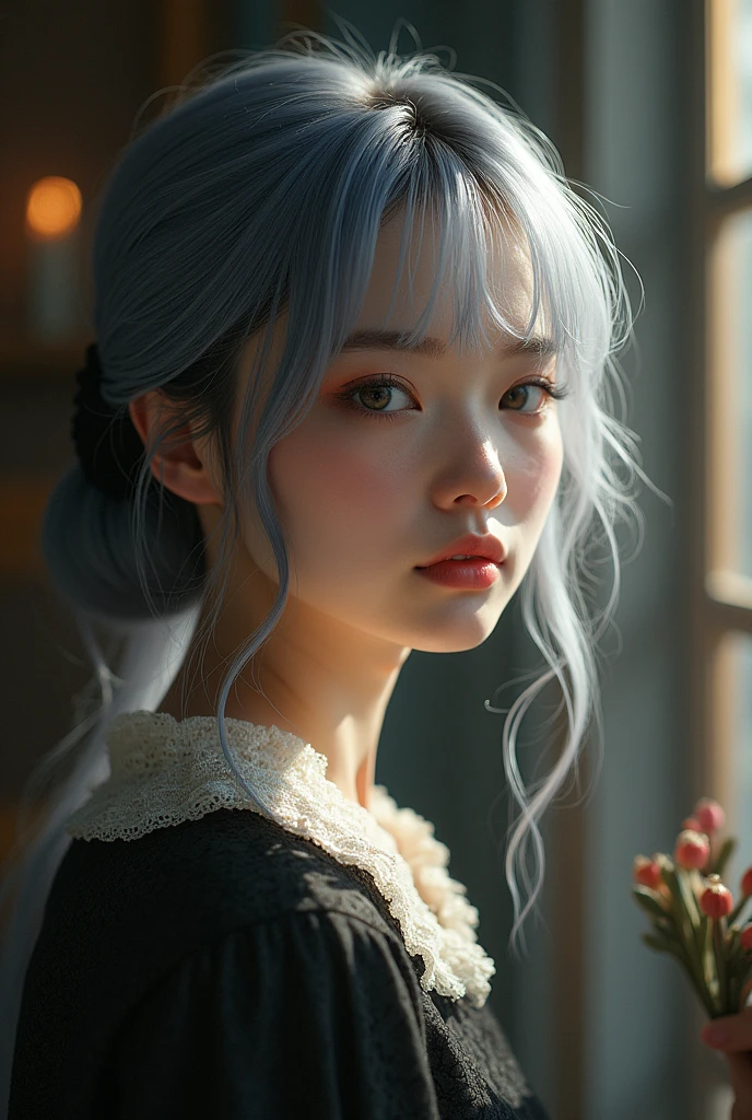 highly detailed, 8K, masterpiece, 1 Girl, Gray two-tone_hair, skirt , , (perfect_Face), Gorgeous, complex, Dramatic Lighting, 4K, detailed_background, Caustics, portrait, , from_side
