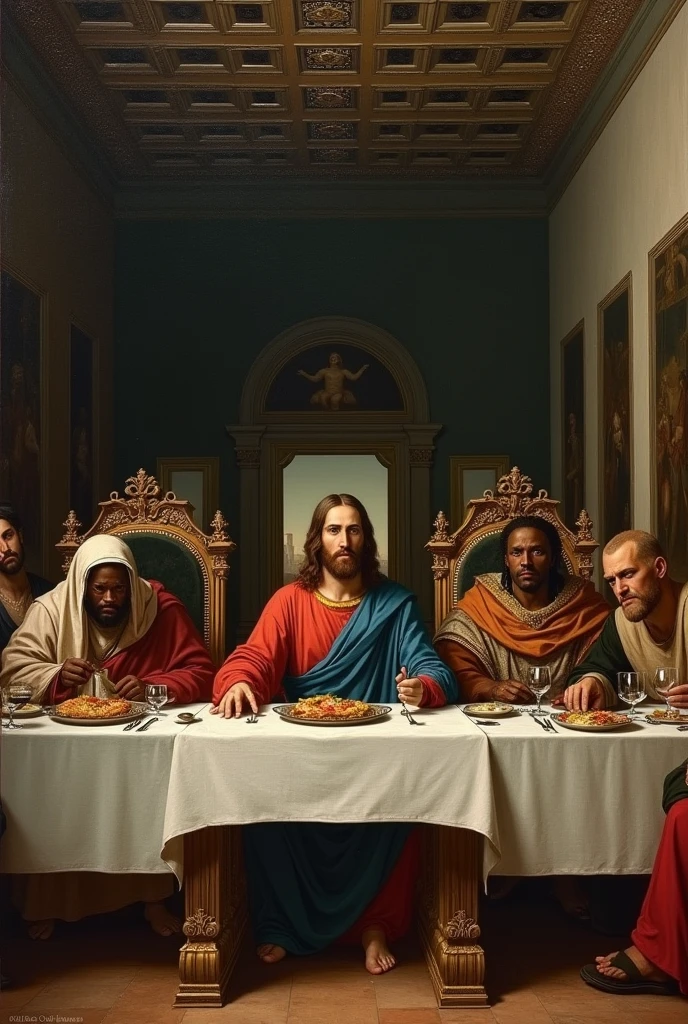 A painting with Jesus Christ, Leonardo da Vinci, Mansa Musa I and Alexander the Great. Based on the last supper