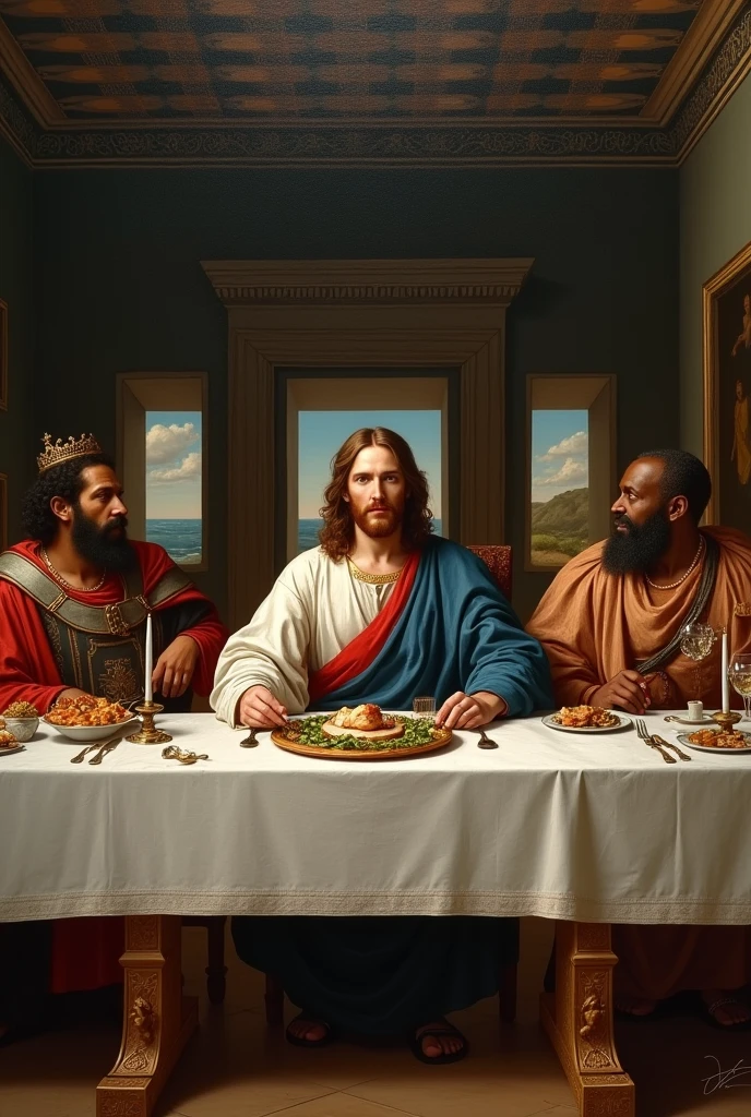A painting with Jesus Christ, Leonardo da Vinci, Mansa Musa I and Alexander the Great. Based on the last supper