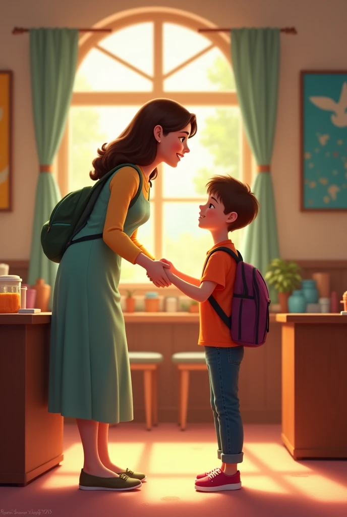 Sunday school teacher welcoming the arrival of a child without a backpack