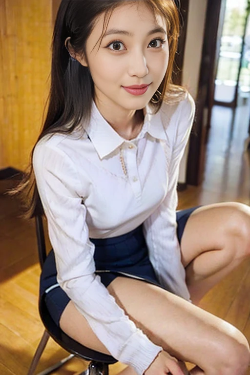 Japanese、high school student、beauty、Look forward、Kind eyes、Smiling Kindly、He is wearing a long-sleeved navy blue polo shirt.、She is sitting on a chair and wearing a tight grey underwear、hands outstretched、((Her white underwear is visible between her skirt and legs..))、(Wearing white panties)、She is facing the camera with her knees together.、