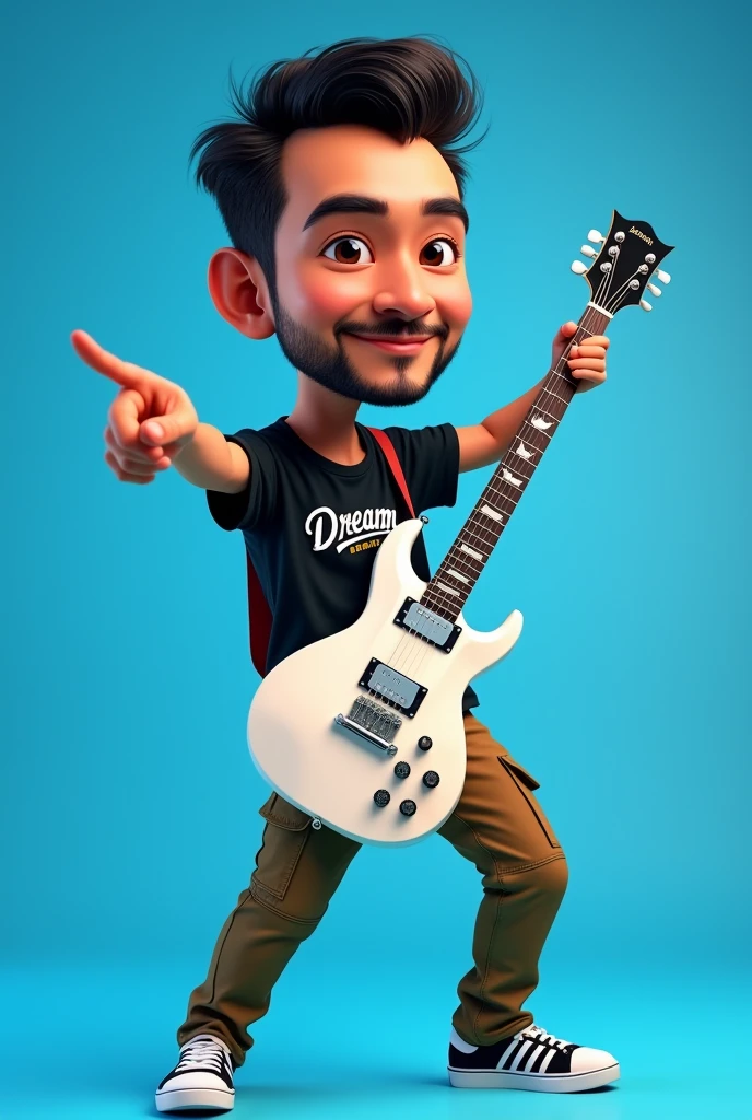 4d caricature,30 year old Indonesian man,short straight hair,little beard,wearing a black t-shirt "dream theatre",brown cargo pants,adidas shoes,holding a white gibson electric guitar,hand pointing forward,plain blue begron,ultrahd,hyper realistic,ultra detail,super image quality,16k,